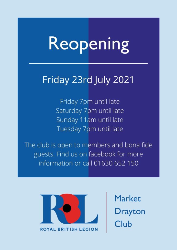 Reopening - Royal British Legion Market Drayton Club